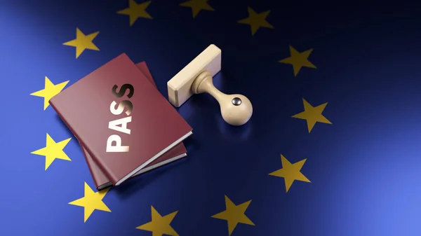 Europa Flagga Pass Och Trä Stampa Horisontell Sammansättning Med Kopieringsutrymme — Stockfoto