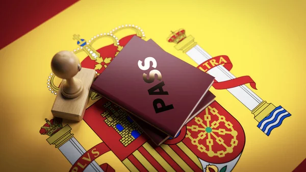 Флаг Испании Паспорт Деревянная Стампа Горизонтальная Композиция Копировальным Пространством Фокусное — стоковое фото