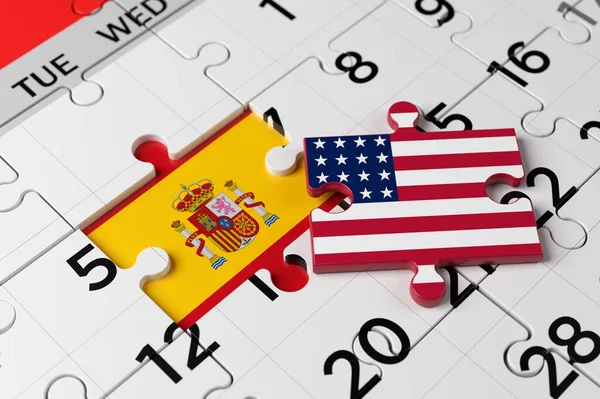 Головоломка Американского Флага Испанского Флага Календаре Форме Головоломки Горизонтальная Композиция — стоковое фото