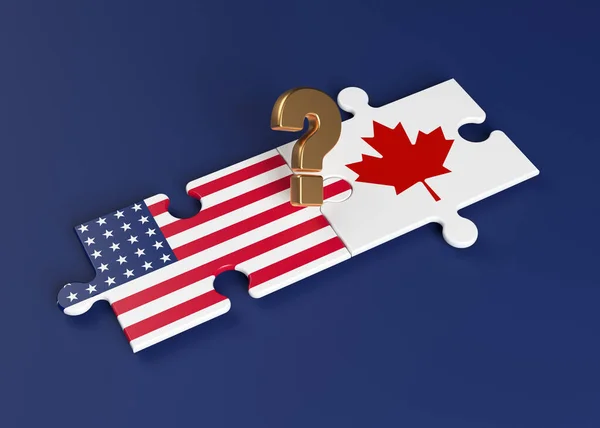 Złoty Symbol Znaku Zapytania Amerykańskie Kanadyjskie Flagi Puzzlach Koncepcja Stosunków — Zdjęcie stockowe