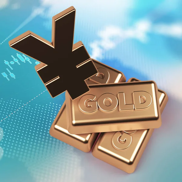 Guldfärgade Yen Symboler Och Guldtackor Blåfärgad Finans Skärm Fyrkantig Sammansättning — Stockfoto