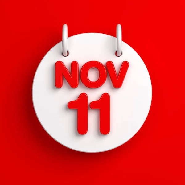 白色圆形11月11日日历 红色的背景 正方形构图 有复制空间 被截断的路径隔离了3D渲染 — 图库照片