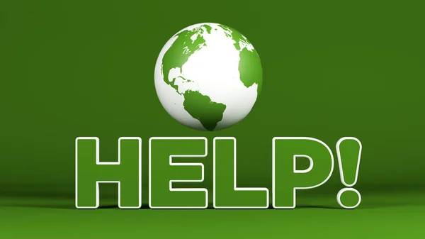 Green-colored planet earth and green-colored help text. On green-colored background. Horizontal composition with copy space. Isolated with clipping path. 3d render