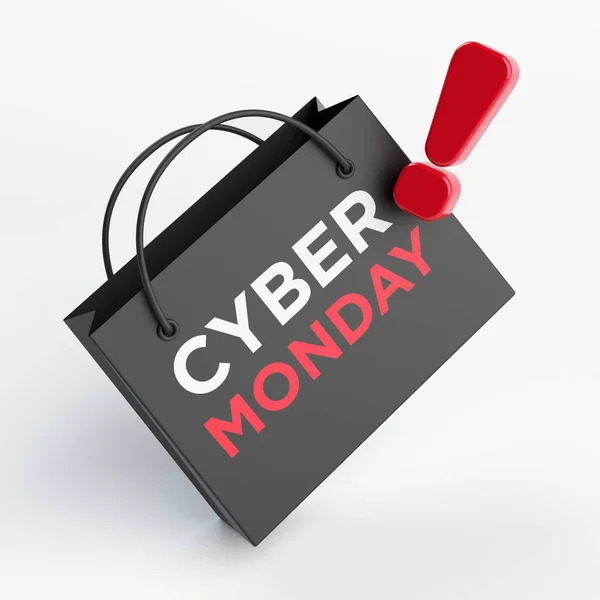 Percentage symbol and shopping bag with Cyber Monday text. On white-colored background. Horizontal composition with copy space. Isolated with clipping path. 3d render