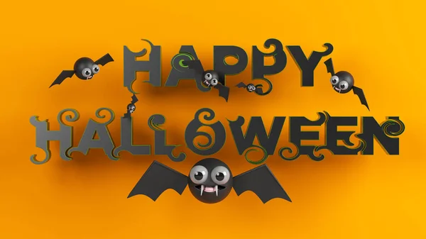 Boldog Halloweent Apró Rajzfilmdenevérek Boldog Halloweent Szöveg Narancs Színű Háttérrel — Stock Fotó