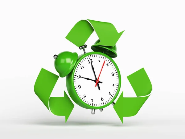 Grüne Uhr Und Recycling Symbol Auf Weißem Hintergrund Horizontale Komposition — Stockfoto