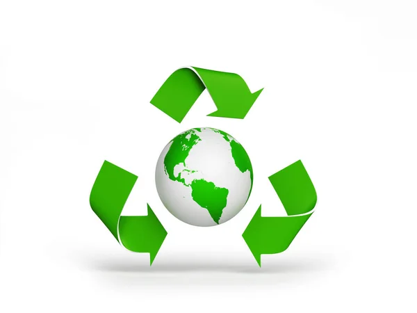 Grüne Weltkarte Und Recycling Symbol Auf Weißem Hintergrund Horizontale Komposition — Stockfoto