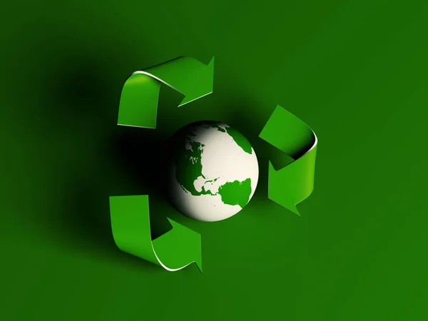 Mapa Mundo Cor Verde Símbolo Reciclagem Fundo Cor Verde Composição — Fotografia de Stock