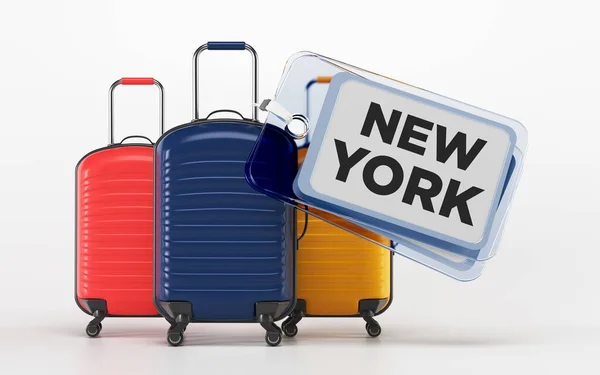 海军蓝 红色的旅行行李和贴有纽约文字的贴纸 在白色的背景 正方形构图 有复制空间 被截断的路径隔离了3D渲染 — 图库照片