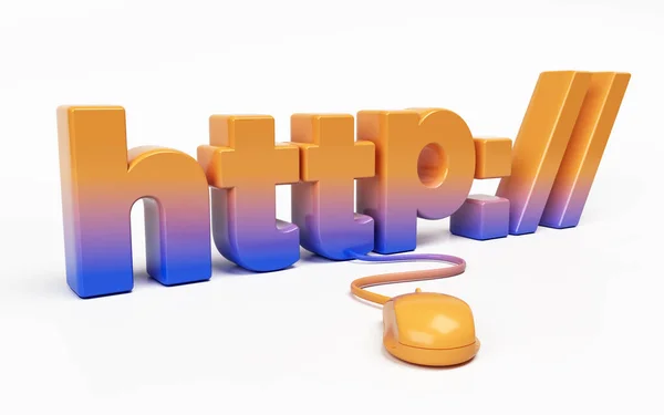 蓝色和橙色的Http文本 和计算机鼠标 白种人的背景具有复制空间的水平构图 被截断的路径隔离了3D渲染 — 图库照片