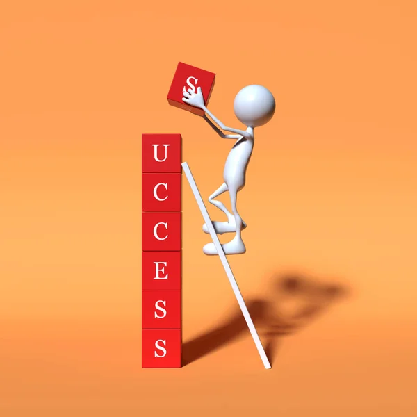 Success Concept White Character Stacking Red Cubes Success Write Support — Stock Photo, Image