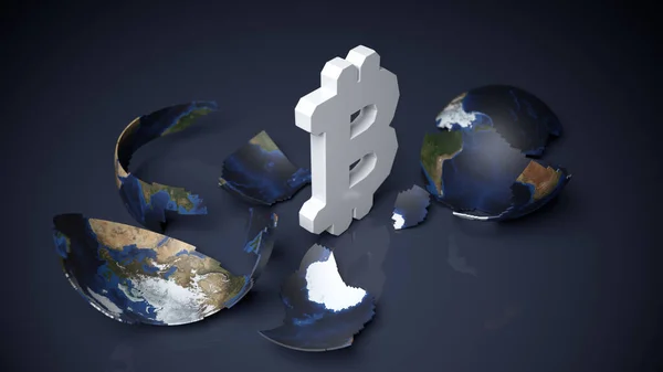 Branco Colorido Símbolo Bitcoin Mundo Fundo Cor Azul Escuro Composição — Fotografia de Stock