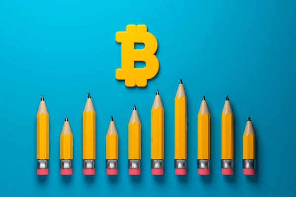 Finance Chart Shaped Pencils Orange Colored Bitcoin Symbol Blue Colored — Stock Photo, Image