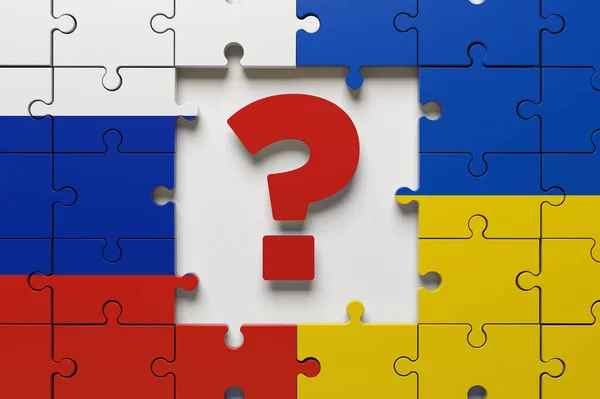 Russian Ukrainian flags and a question mark on the puzzle. Horizontal composition with copy space. No cutout. 3d render