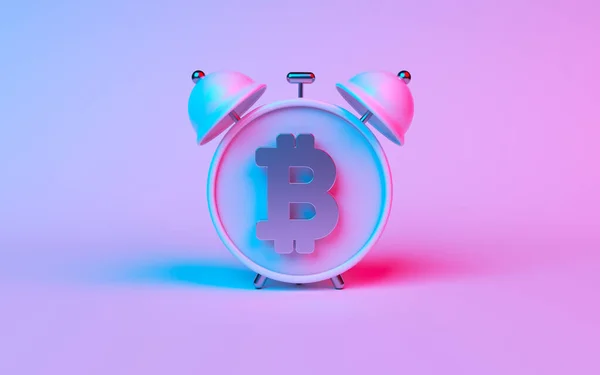 Ilustração Relógio Com Símbolo Bitcoin Fundo Roxo — Fotografia de Stock