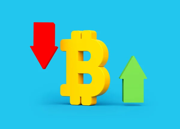 Colore Giallo Simbolo Bitcoin Frecce Rosse Verdi Sfondo Colore Blu — Foto Stock