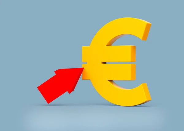 Color Amarillo Símbolo Euro Flecha Roja Sobre Fondo Color Azul — Foto de Stock