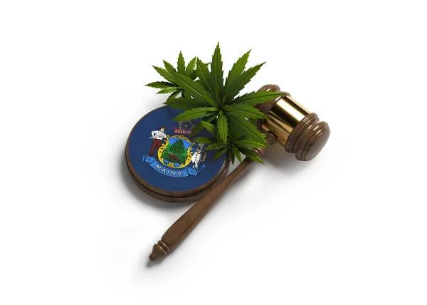 Cannabisblad Hamer Maine Vlag Witte Achtergrond Horizontale Samenstelling Geïsoleerd Met — Stockfoto