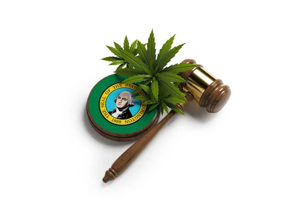 Foglia Cannabis Martelletto Bandiera Washington Sfondo Colore Bianco Composizione Orizzontale — Foto Stock