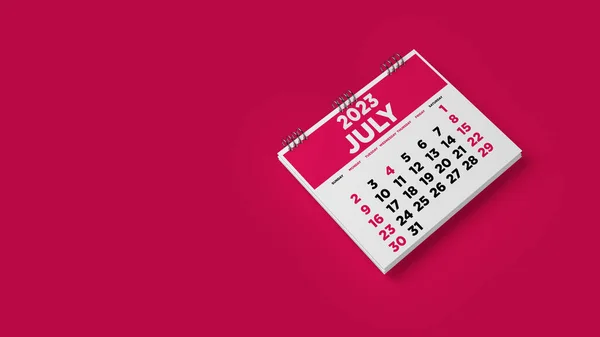 2023 july  calendar. On red color background. Horizontal composition. Isolated with clipping path. 3d render
