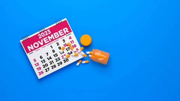 Illustration Pillen Mit Kalender Und Zahlen Auf Blauem Hintergrund — Stockfoto