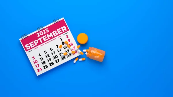Ilustrace Pilulky Kalendářem Čísly Modrém Pozadí — Stock fotografie