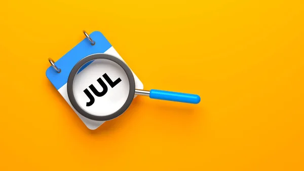 3d illustration, magnifying glass with calendar on yellow background.