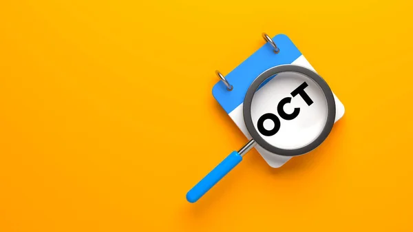 3d illustration, magnifying glass with calendar on yellow background.