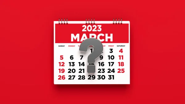 赤の背景にカレンダーと3Dイラストの質問マーク — ストック写真