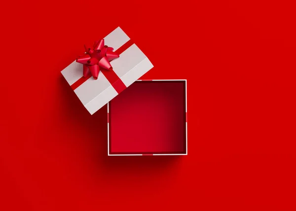 Подарункова Коробка Білим Бантом Червоному Тлі Візуалізація — стокове фото