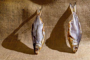 Kurumuş balıklar, kaba bir çuval bezindeki yelken gibi uzun, karanlık gölgeler bırakır.