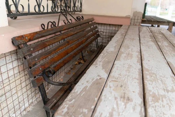 Long Wooden Vintage Table Bench Churchyard — Stock Photo, Image