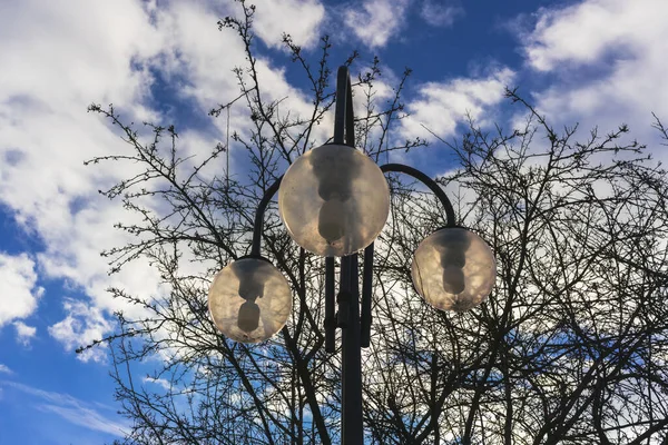 在有落叶和蓝天的树冠背景上的圆形街灯 — 图库照片