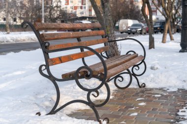 Güneşli bir kış gününde ahşap dökme demir banklar şehir parkındaki beyaz karın arka planına karşı.