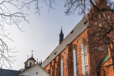 Mavi gökyüzüne karşı ağaç dallarının arkasındaki eski bir gotik kırmızı tuğla bina.