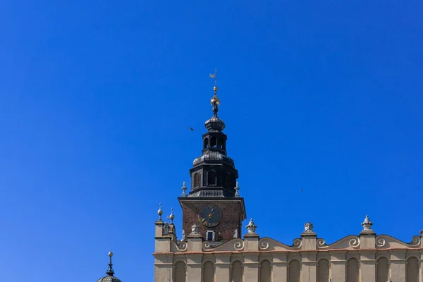 Два Голубя Летят Рядом Высокой Башней Средневекового Замка Голубом Небе — стоковое фото