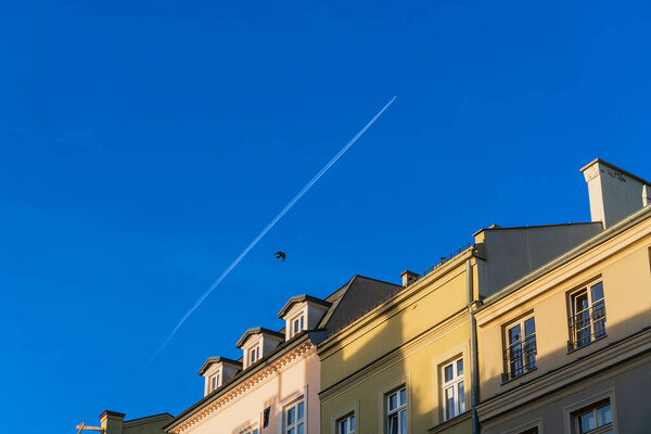 An airplane and a bird fly in the blue sky over the roof of a house in the old town in the rays of the evening sun