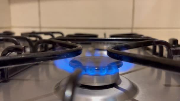Närbild Blå Eld Från Gasbrännare Europeisk Köksspis Gasresurser Länderna — Stockvideo