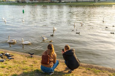 Akşam güneşinin altında, nehrin kıyısında çömelmiş iki genç kız, akıllı bir telefonla nehirde yüzen kuşların fotoğraflarını çekiyor. Yüzü olmayan arka plan