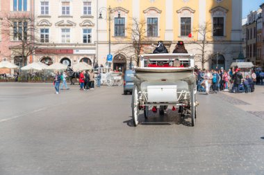 Krakow beyaz at arabası güneşli bir günde eski kasabanın gri kaldırımlı bir caddesinde