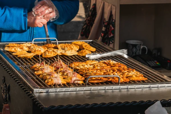 Comida Rua Tradicional Natural Fumaça Vapor Sobre Alimentos Carne Close — Fotografia de Stock