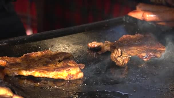 Traditional Polish Barbecue Large Pieces Pork Fried Open Air Hot — ストック動画