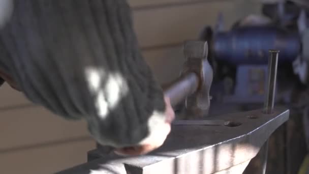 Anonymous Blacksmith Hits Hot Metal Workpiece Hammer Anvil Large Tongs — Vídeo de stock