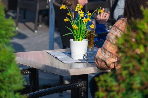 Sarı nergis, beyaz seramik bir tencerede akşam güneşini aydınlatır, masada elinde cep telefonu olan bir kız cam bir kül tablasının yanında.