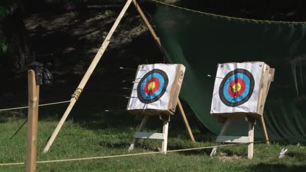 Una Freccia Arco Vola Bersaglio Supporto Legno Due Bersagli Con — Video Stock