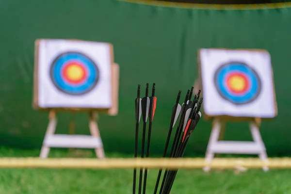 Arrows and plumage against the background of targets close-up for archery. Sports equipment for target archery on a sunny day outdoors