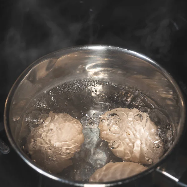 Close Boiling Eggs Metal Pan Bubbles Steam Boiling Water Chicken — Stok Foto