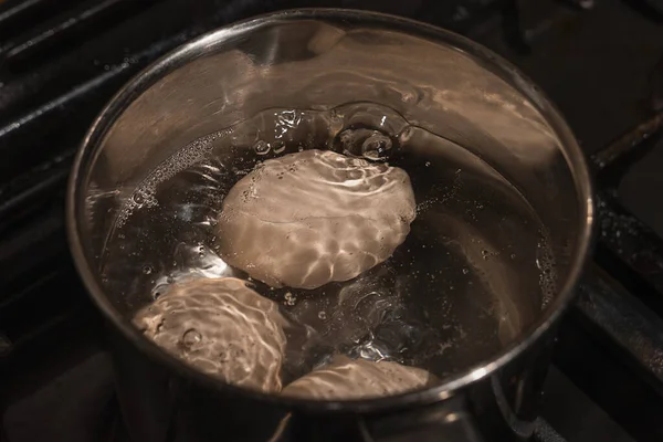 Close Boiling Eggs Metal Pan Bubbles Steam Boiling Water Chicken — Stok Foto