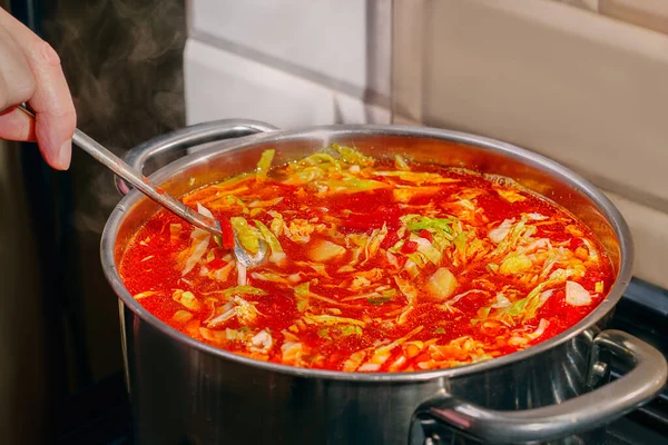 Borsch Traditional Ukrainian Russian Hot Soup Cooked Large Metal Pot — Stok Foto