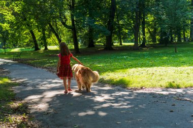 A little girl in a red dress walks with a big dog along a shady path in the park, sunlight falls on the ground through the crowns of trees, street photography, friendship between children and animals